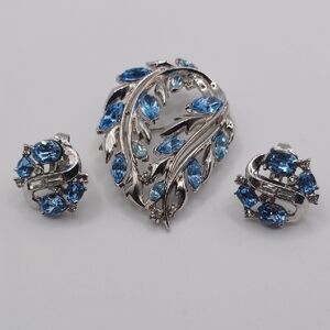 Crown Trifari Silver Tone and Blue Rhinetone Brooch and Clip On Jewelry Set